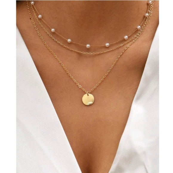 Anthropologie Jewelry - Anthropologie Trendy mini Pearl Station & Disc CharmTriple layered Gold Necklace